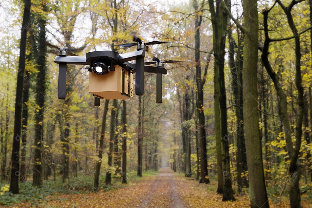 Drone de ar voador de entrega em casa de fazenda. Transporte de tecnologia de negócios e conceito de agricultura. Compras on-line e serviço para a casa do cliente.