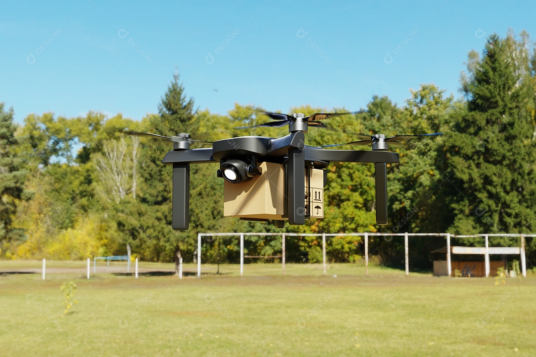 Drone de ar voador de entrega em casa de fazenda. Transporte de tecnologia de negócios e conceito de agricultura. Compras on-line e serviço para a casa do cliente.