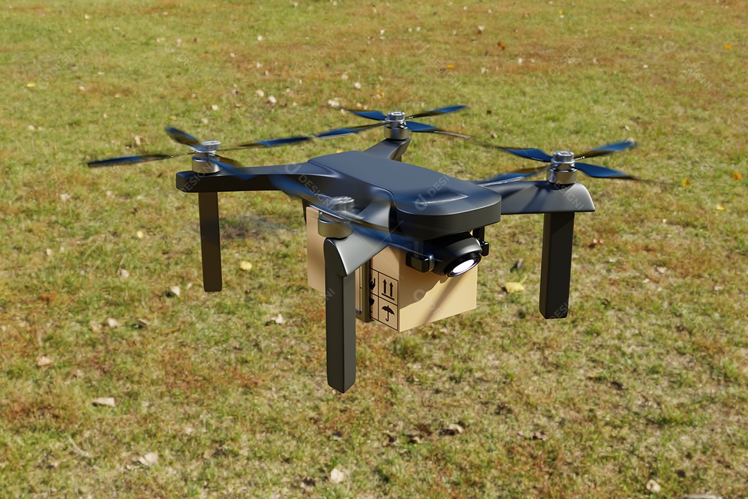 Drone de ar voador de entrega em casa de fazenda. Transporte de tecnologia de negócios e conceito de agricultura. Compras on-line e serviço para a casa do cliente. renderização de ilustração 3D