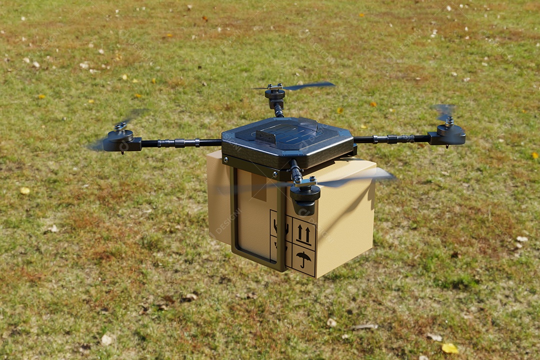 Drone de ar voador de entrega em casa de fazenda. Transporte de tecnologia de negócios e conceito de agricultura. Compras on-line e serviço para a casa do cliente. renderização de ilustração 3D