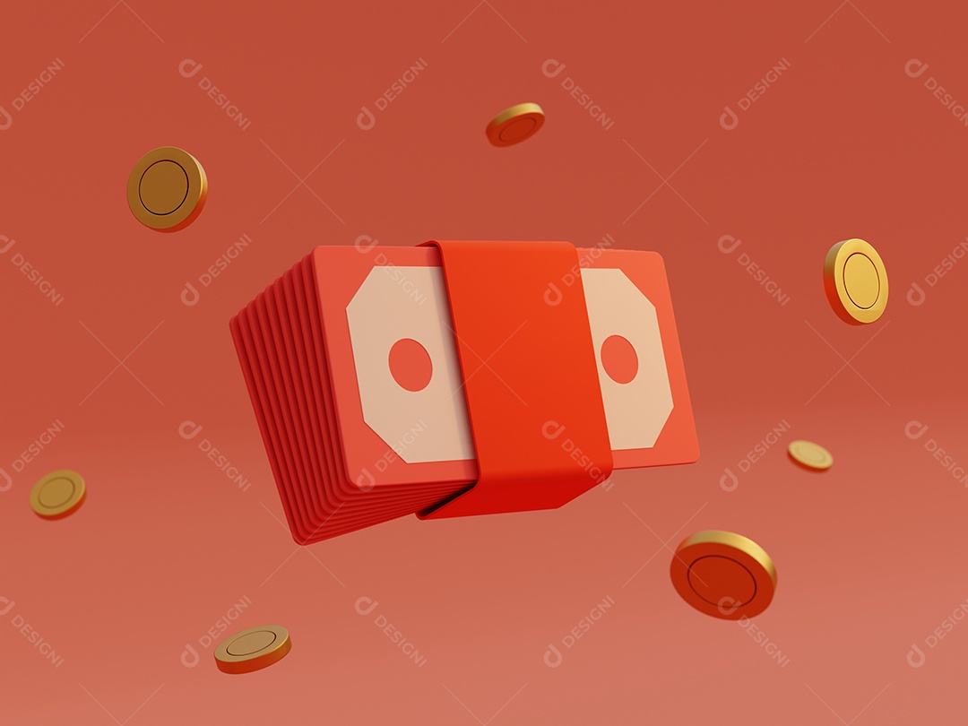 Pacote de envelopes de dinheiro vermelho de notas e moeda de ouro em fundo isolado. Prêmio de jogo financeiro e de jogo de negócios para o conceito de vencedor.