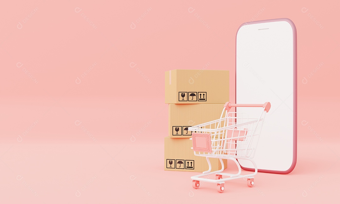 Caixa de papelão com maquete de smartphone de tela branca isolada e carrinho de compras em fundo rosa pastel. Entrega de negócios e conceito on-line de compras. renderização de ilustração 3D