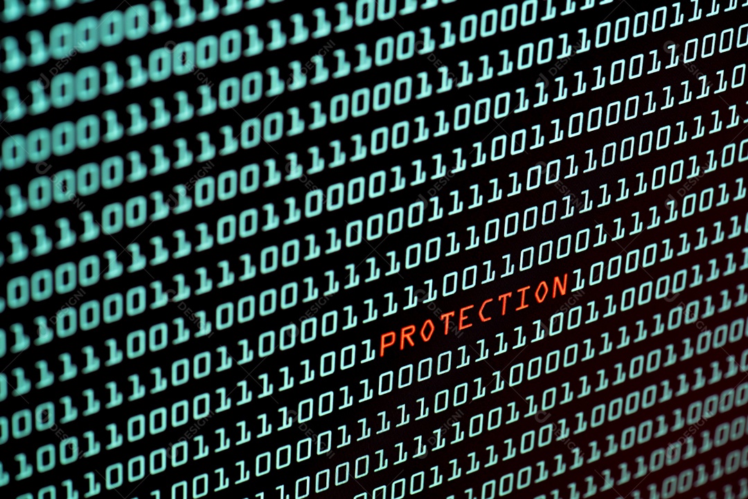 Texto de proteção e conceito de código binário da tela do computador desktop, foco seletivo, conceito de tecnologia de segurança, conceito de hacker de internet.