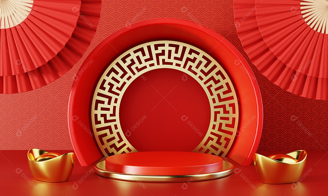 Palco vermelho do pódio do Ano Novo Chinês com lingote de ouro e fundo de leque dobrado à mão. Estilo padrão chinês no meio com pano de fundo de exibição de exibição de apresentação de produto. renderização de ilustração 3D.