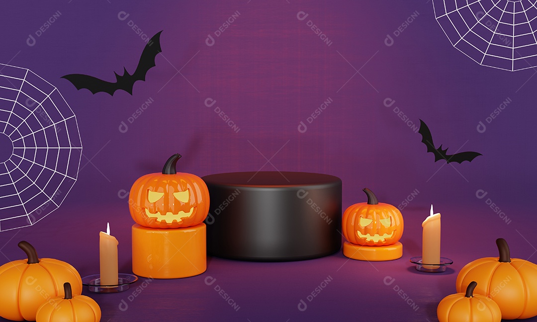 Dia das Bruxas laranja preto com estágio de pódio de produtos de abóbora e morcegos e luz de velas assustadora em fundo roxo. Conceito de férias e temporada. Tema assustador e engraçado. Renderização de ilustração 3D.