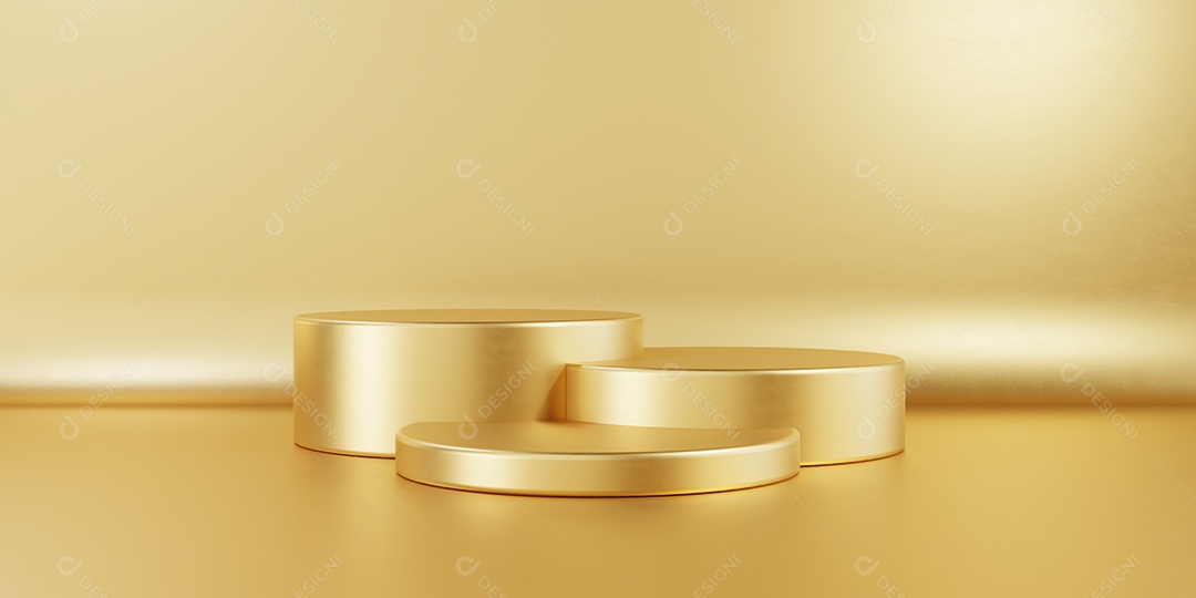 Tabela dourada do pódio do estágio do produto de três cilindros no fundo do ouro. Conceito mínimo abstrato de maquete de palco de propaganda de moda e cosméticos. Contexto do prêmio. design gráfico de renderização de ilustração 3D.
