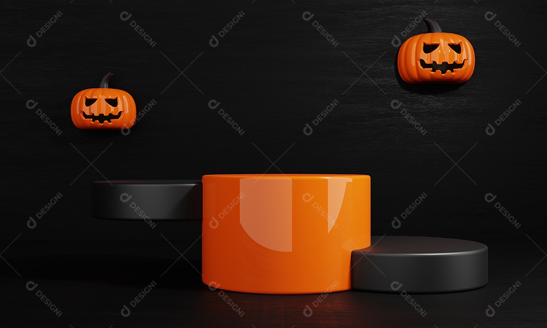 Palco de pódio de produtos de abóbora laranja e preto do Dia das Bruxas para fundo de anúncio vazio. Conceito de férias e temporada. Tema assustador e engraçado. Renderização de ilustração 3D.