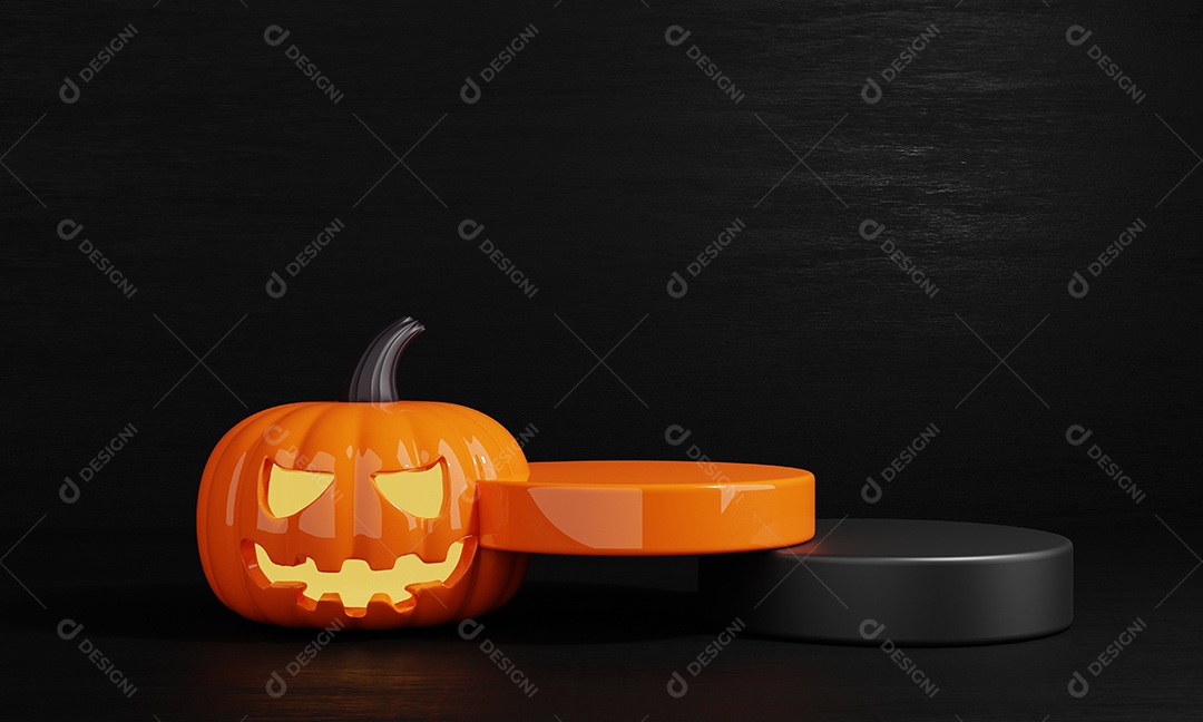 Palco de pódio de produtos de abóbora laranja e preto do Dia das Bruxas para fundo de anúncio vazio. Conceito de férias e temporada. Tema assustador e engraçado. renderização de ilustração 3D.