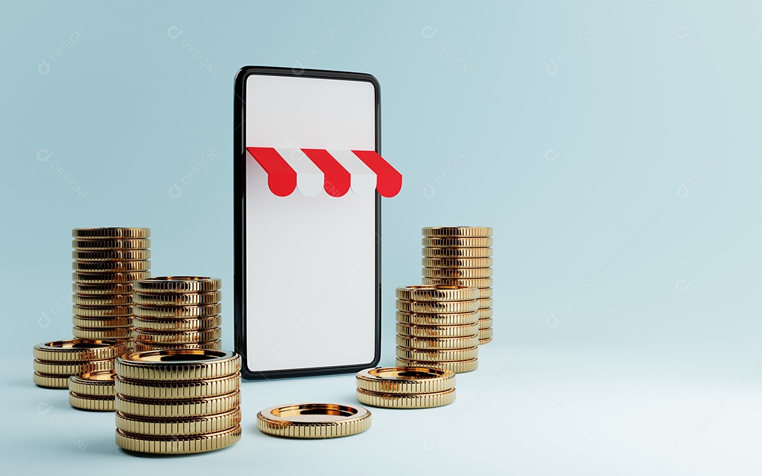 Telefone inteligente com fundo de tela em branco e pilha de moedas de ouro sobre fundo azul. Conceito de negócios e compras online. renderização de ilustração 3D.