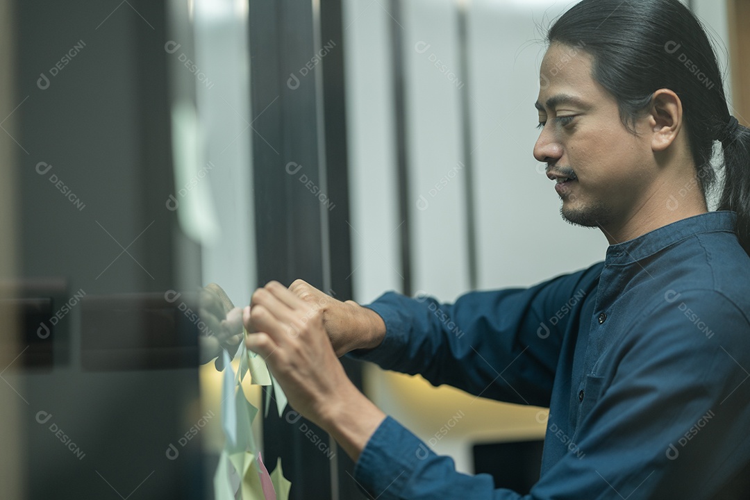 Empregados asiáticos postam notas na parede de vidro