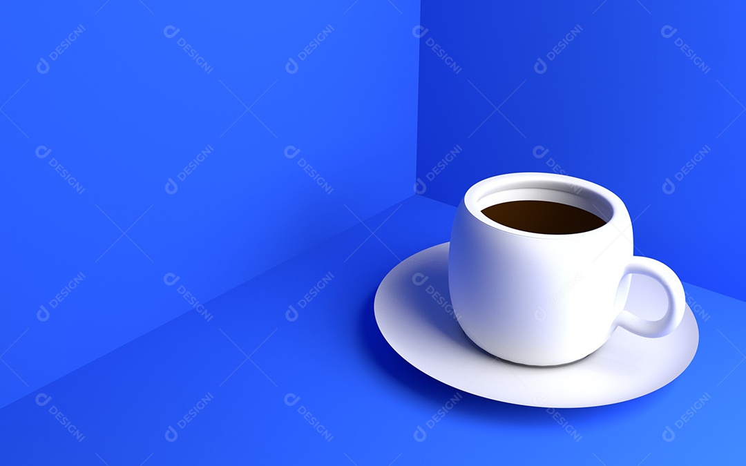 Copo de café branco 3D no fundo azul.