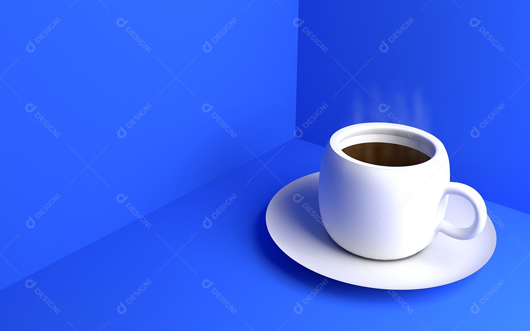 Copo de café branco sobre o fundo azul.