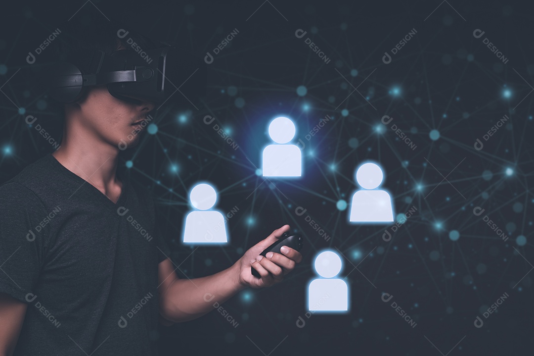 Businessman wearing glasses through glasses to check business graph VR Glasses Virtual Global