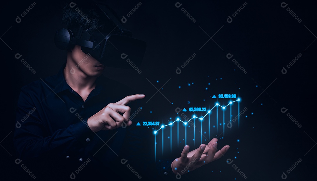 Empresário usando óculos através de óculos para verificar o gráfico de negócios VR óculos virtual Global