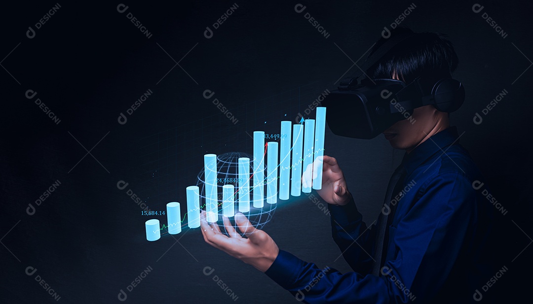 Empresário usando óculos metaversos de realidade virtual para o mundo virtual