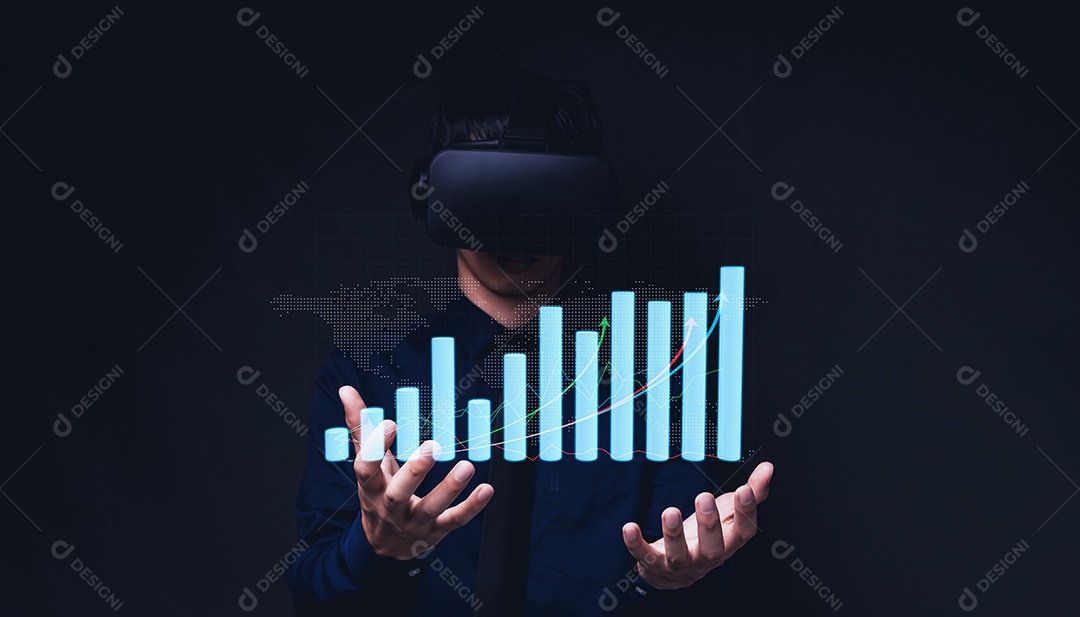 Empresário usando óculos metaversos de realidade virtual para o mundo virtual