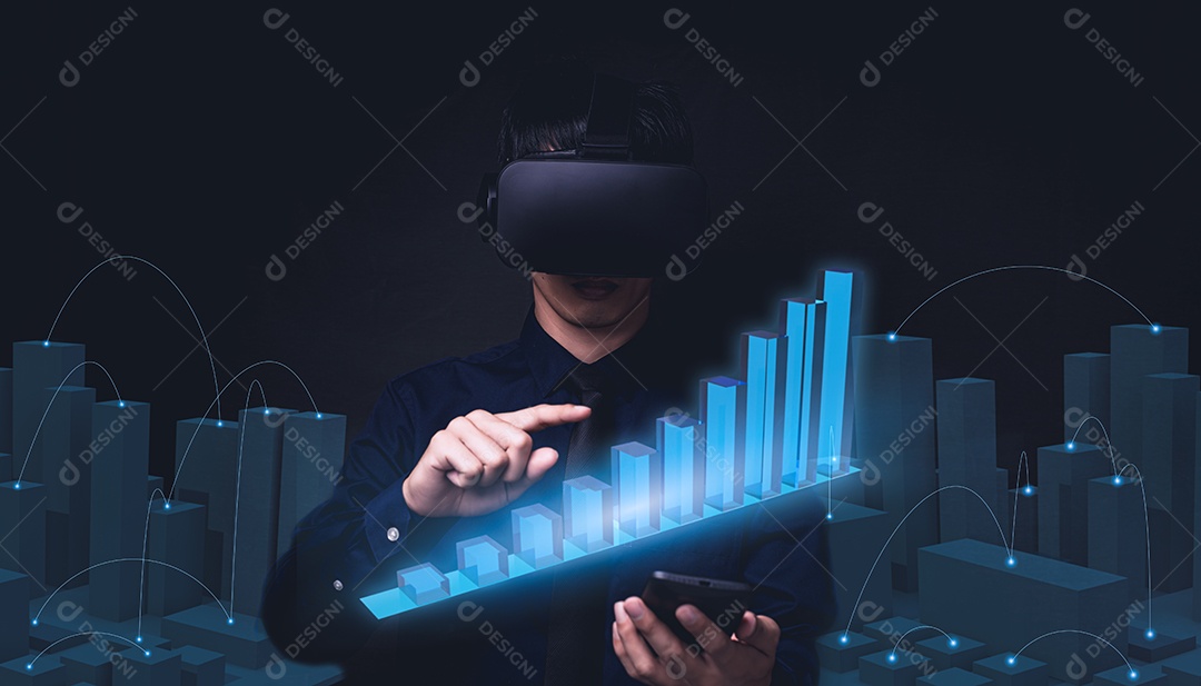 Empresário usando óculos metaversos de realidade virtual para o mundo virtual