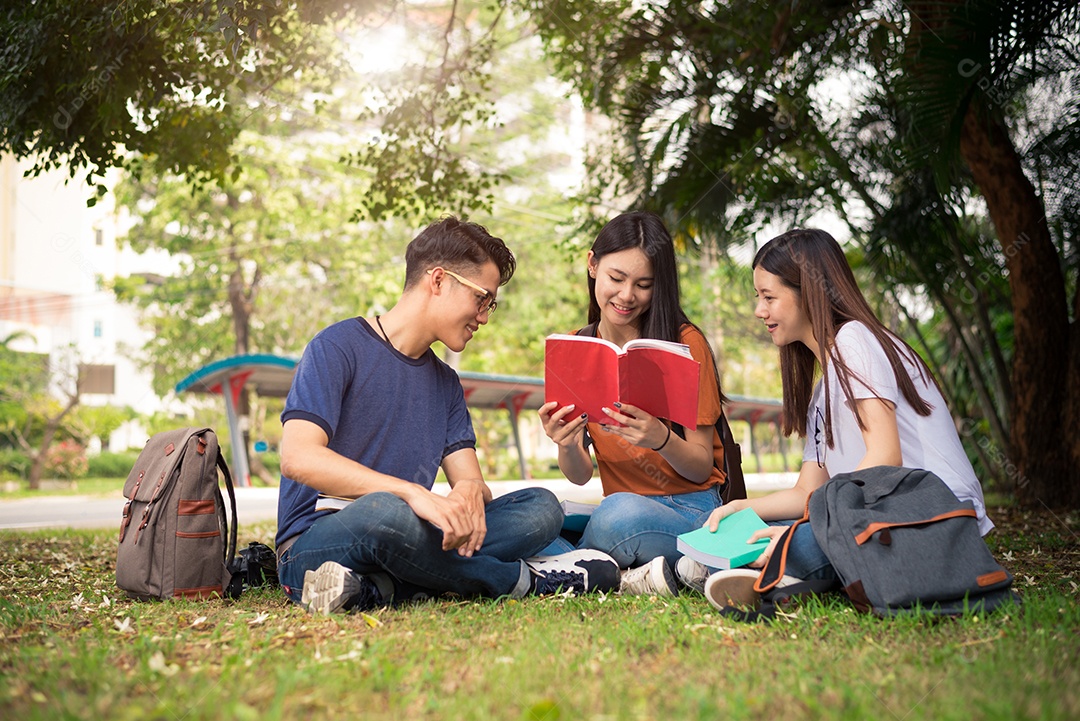 Grupo de estudantes universitários asiáticos lendo livros e dando aula especial para exame no campo de grama ao ar livre.