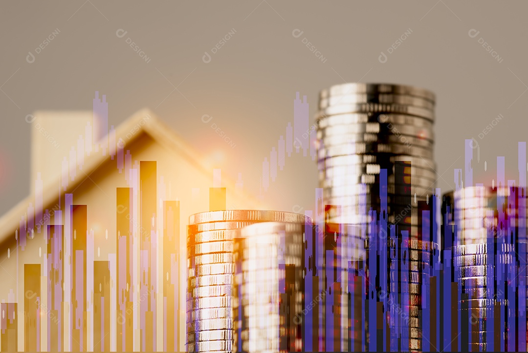 Uma pilha de dinheiro E uma casa de madeira simulada Gráfico de crescimento