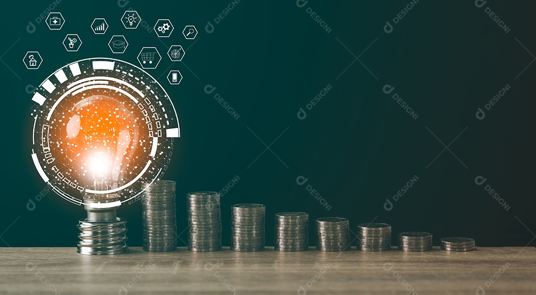 Uma lâmpada ao lado da pilha de moedas