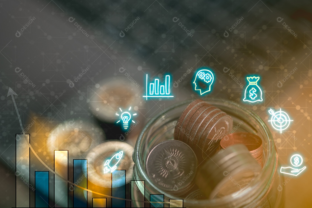 Dinheiro em uma jarra de vidro Gráfico de crescimento e ícones.