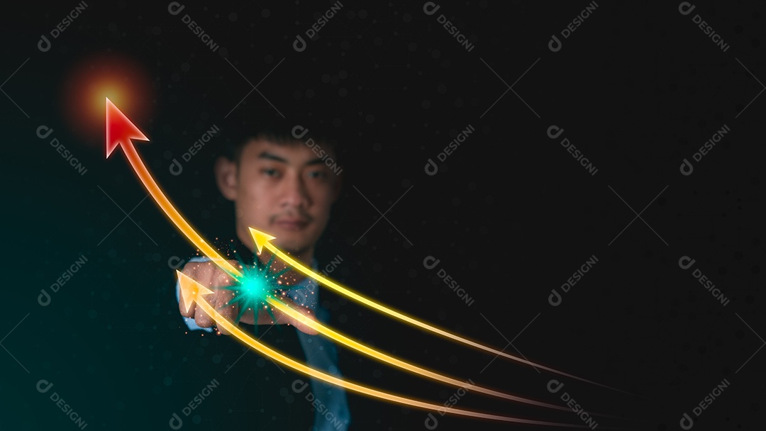 Empresário apontando com confiança para o ícone de seta