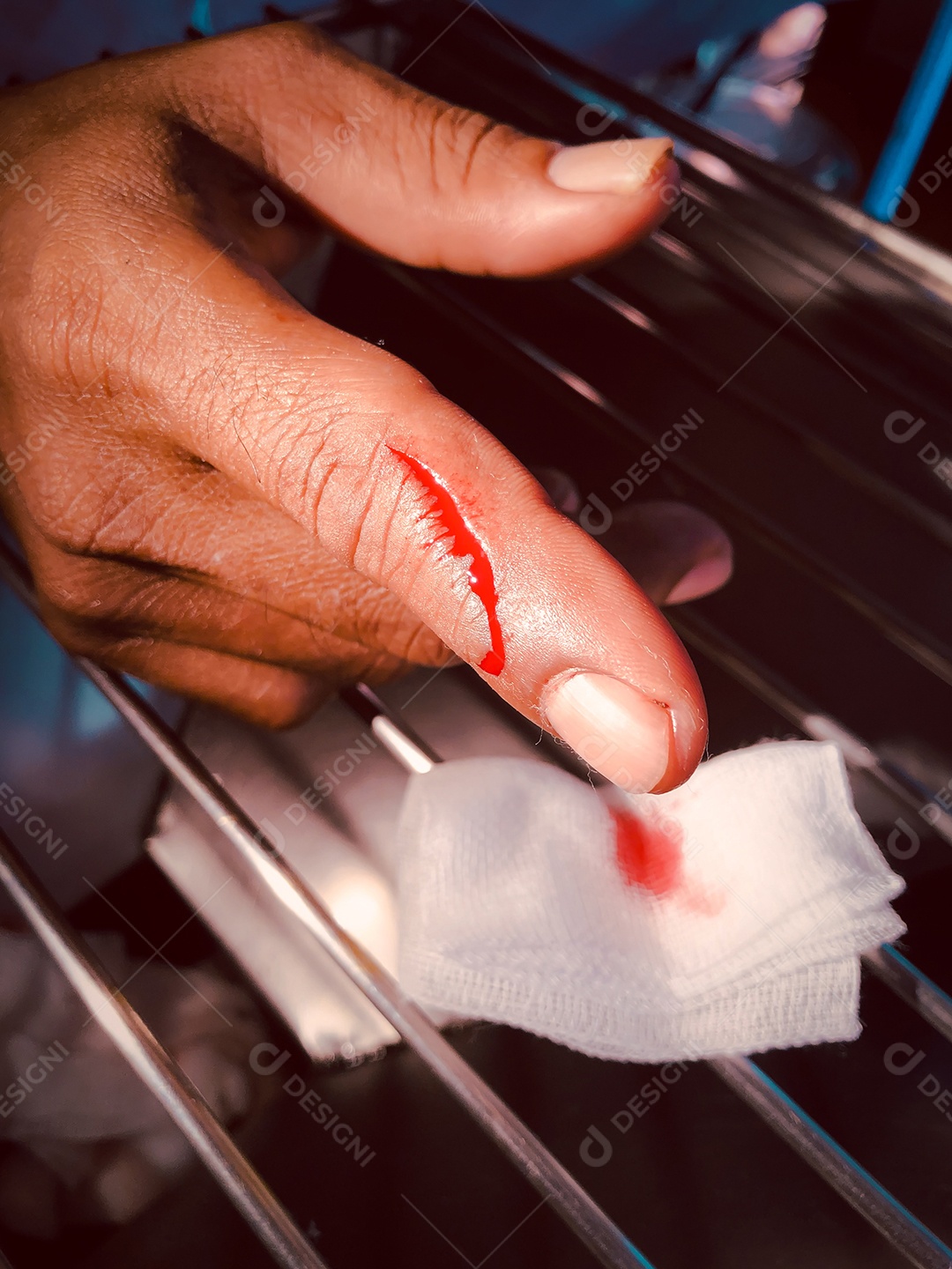 erimento na mão, dedo cortado com faca, mão ensanguenta