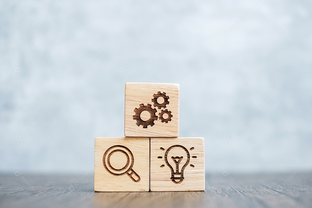 bloco de madeira com objetivo de negócios, estratégia, alvo, missão, ação, objetivo, trabalho em equipe, pesquisa e conceito de ideia