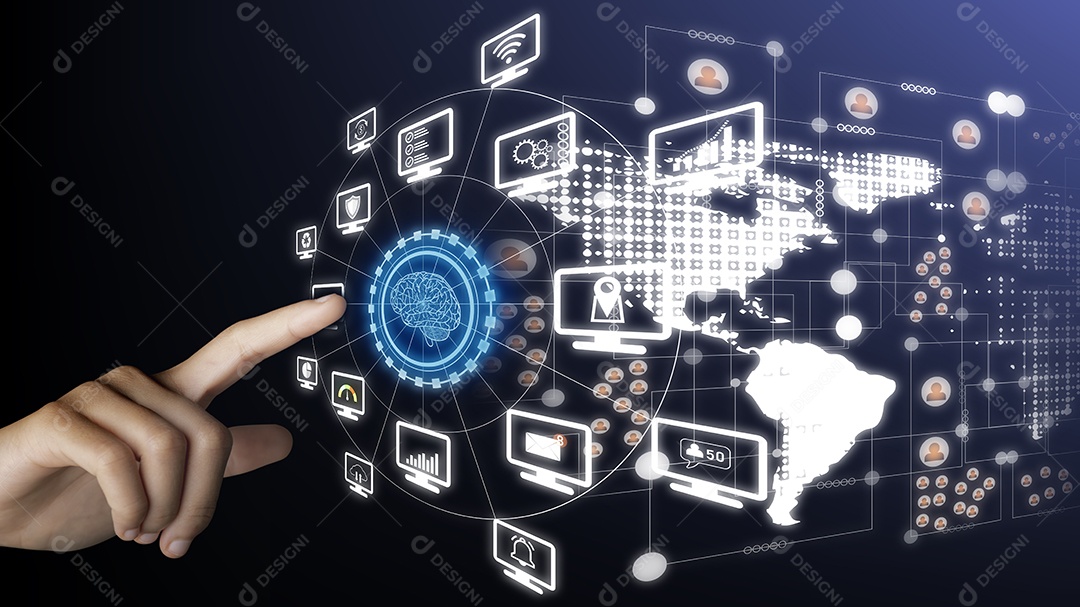 A mão de uma mulher está apontando para um ícone de tecnologia