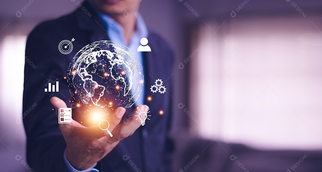 Homem segurando o metaverso de conexão de Internet global virtual. negócios