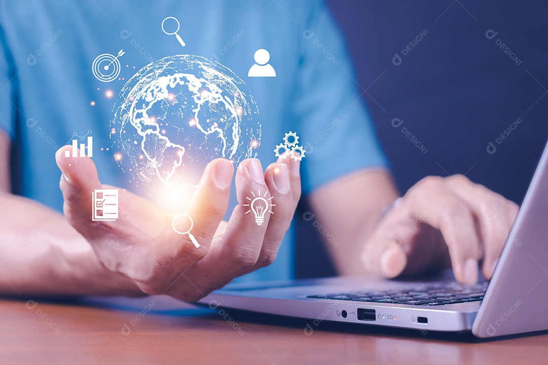 Homem segurando o metaverso de conexão de Internet global virtual. negócios