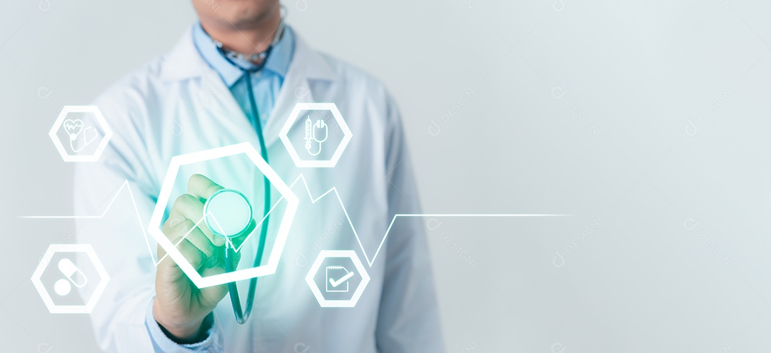 Um médico masculino com um estetoscópio