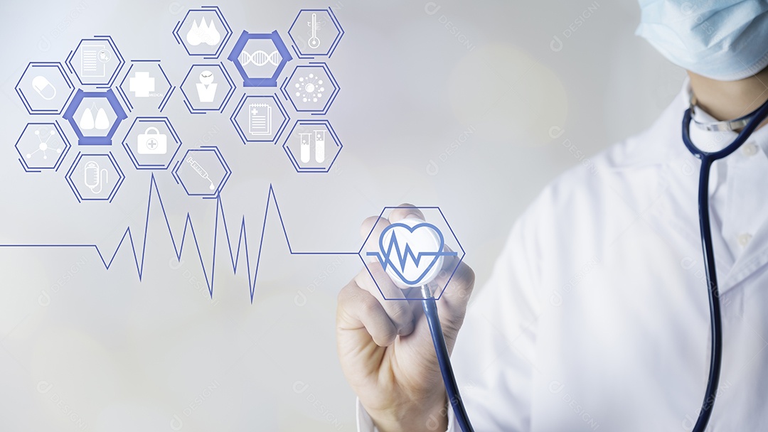 Médico de medicina tem um estetoscópio na mão.