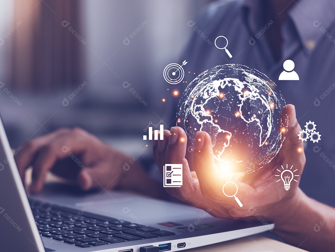 Homem segurando o metaverso de conexão de Internet global virtual. negócios