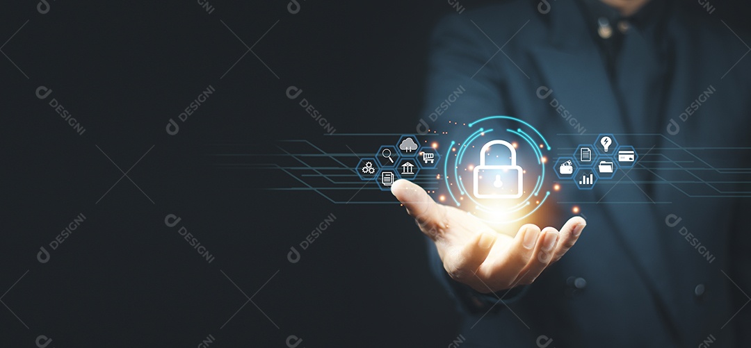 Conceitos de cibersegurança e privacidade para proteger os dados. ícone de cadeado