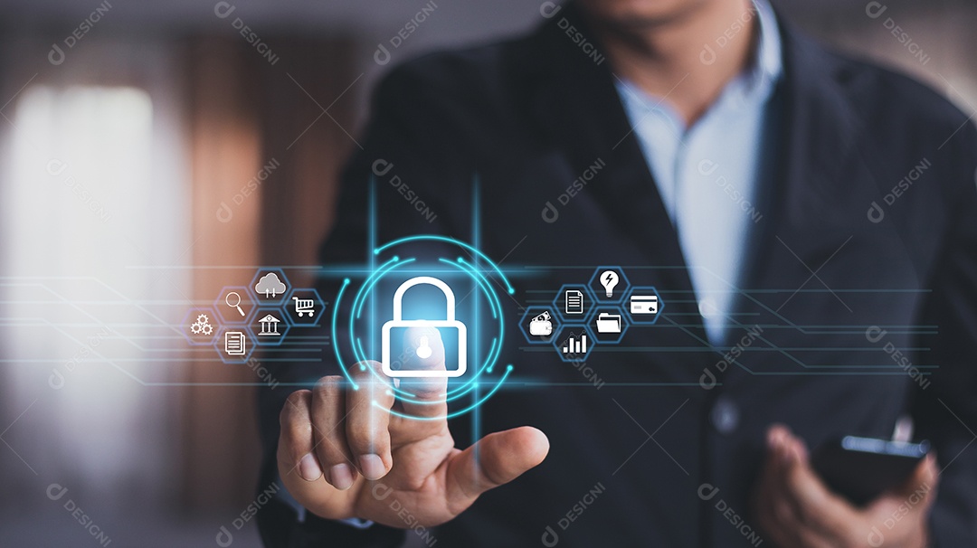 Conceitos de cibersegurança e privacidade para proteger os dados. ícone de cadeado