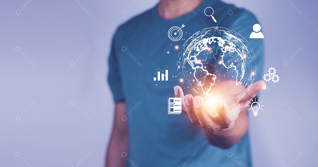 Homem segurando o metaverso de conexão de Internet global virtual