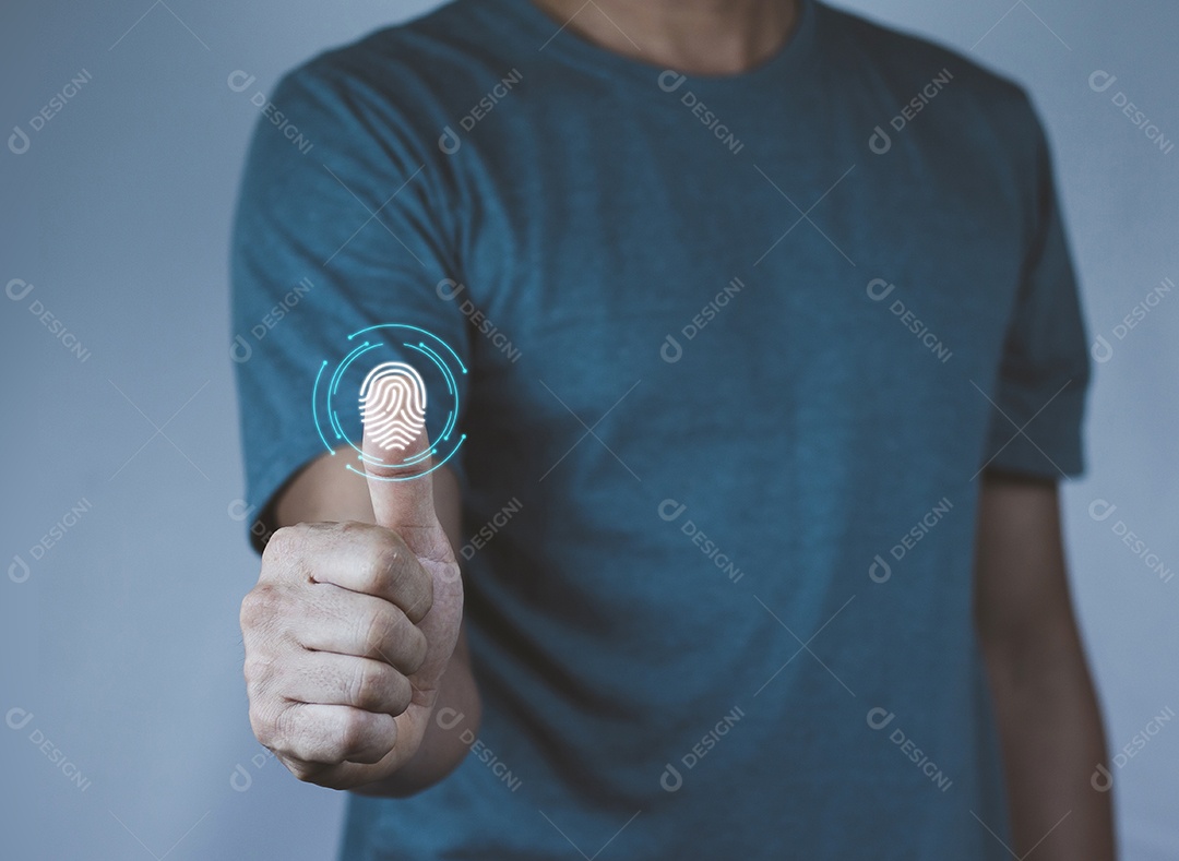 empresário digitalizar identidade biométrica de impressão digital e aprovação