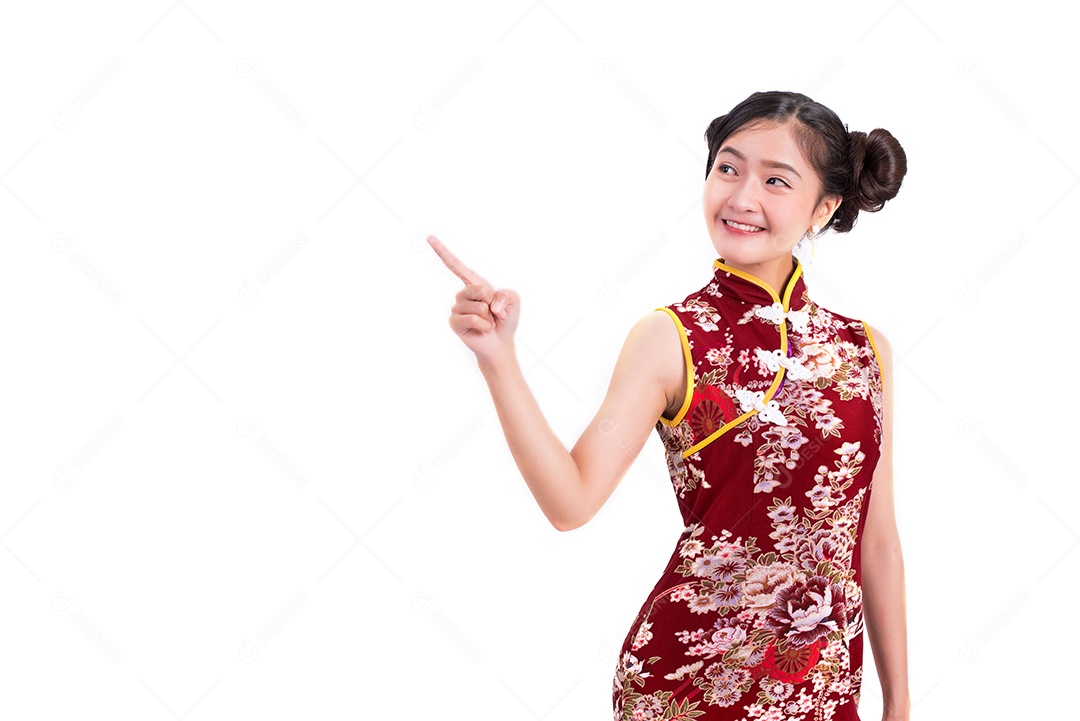 Asian beauty young woman wearing cheongsam and pointing.
