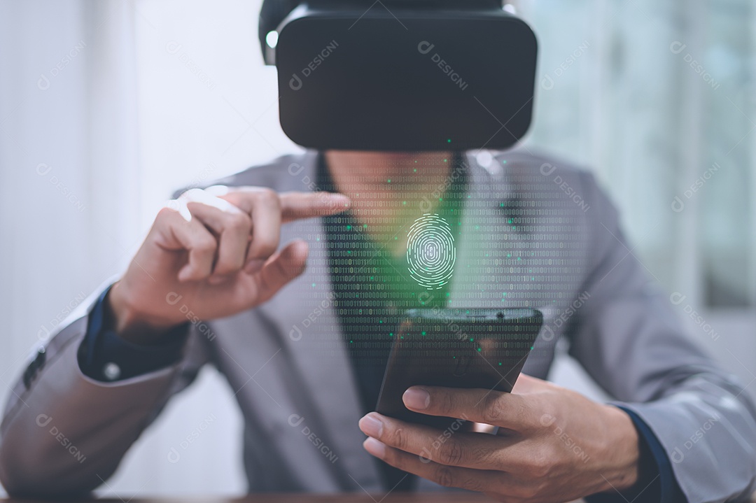Empresário estão usando smartphones com óculos de realidade virtual no mundo online