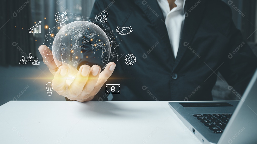 Empresário segurando negócios globais de tecnologia de conexão à Internet