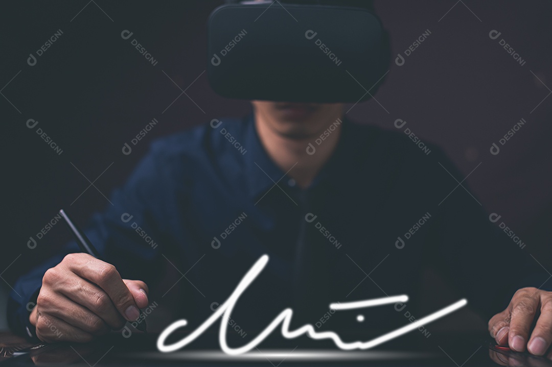 Pessoa de negócios assinando nomes ilustração metaverso mundo virtual