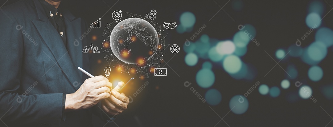 Empresário segurando negócios globais de tecnologia de conexão à Internet