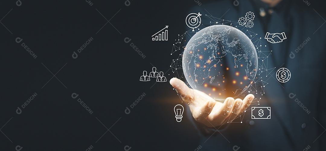 Empresários usam tecnologia de conexão com a Internet e marketing digital, finanças e serviços bancários Tecnologia de conexão digital