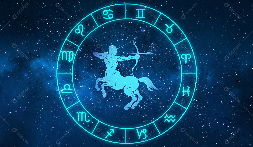 Signo de sagitário em doze zodíaco com fundo de estrelas da galáxia
