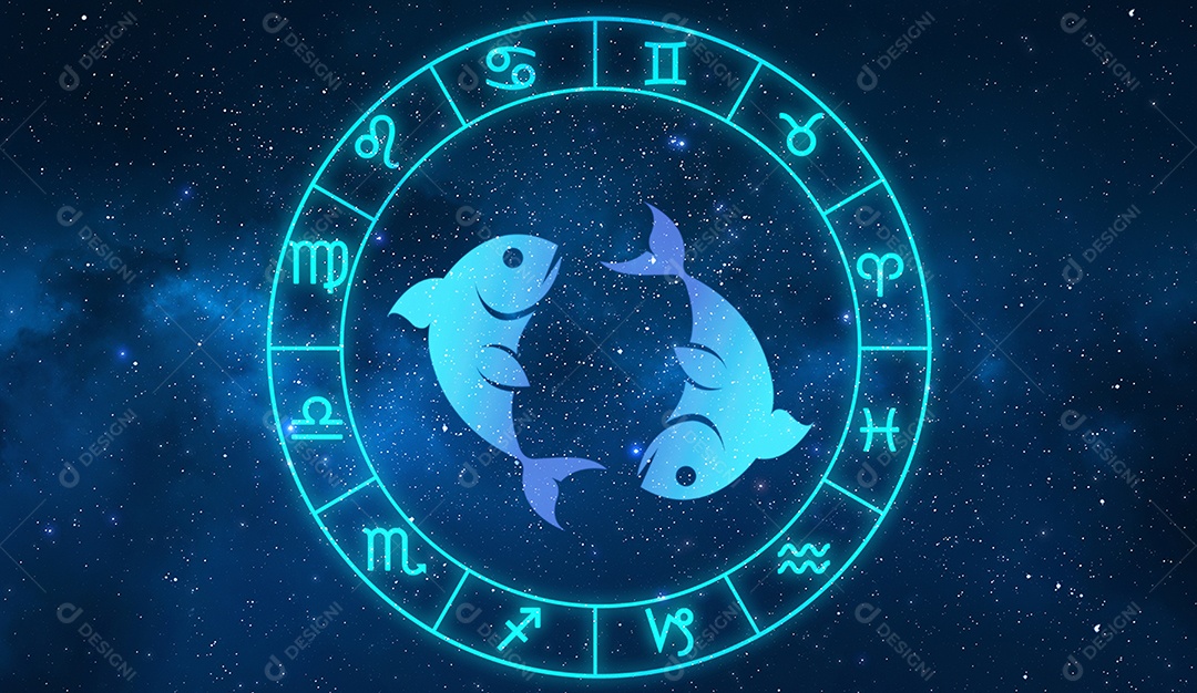 Signo de peixes em doze zodíaco com estrelas da galáxia.