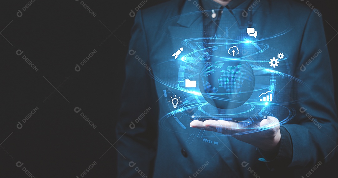 Empresários usam tecnologia de conexão global à Internet e marketing digital, finanças e serviços bancários, tecnologia de link digital