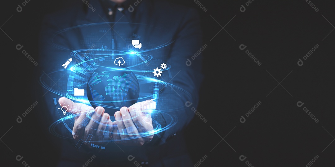 Empresários usam tecnologia de conexão global à Internet e marketing digital, finanças e serviços bancários, tecnologia de link digital