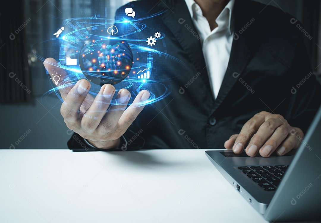 Empresários usam tecnologia de conexão global à Internet e marketing digital, finanças e serviços bancários, tecnologia de link digital