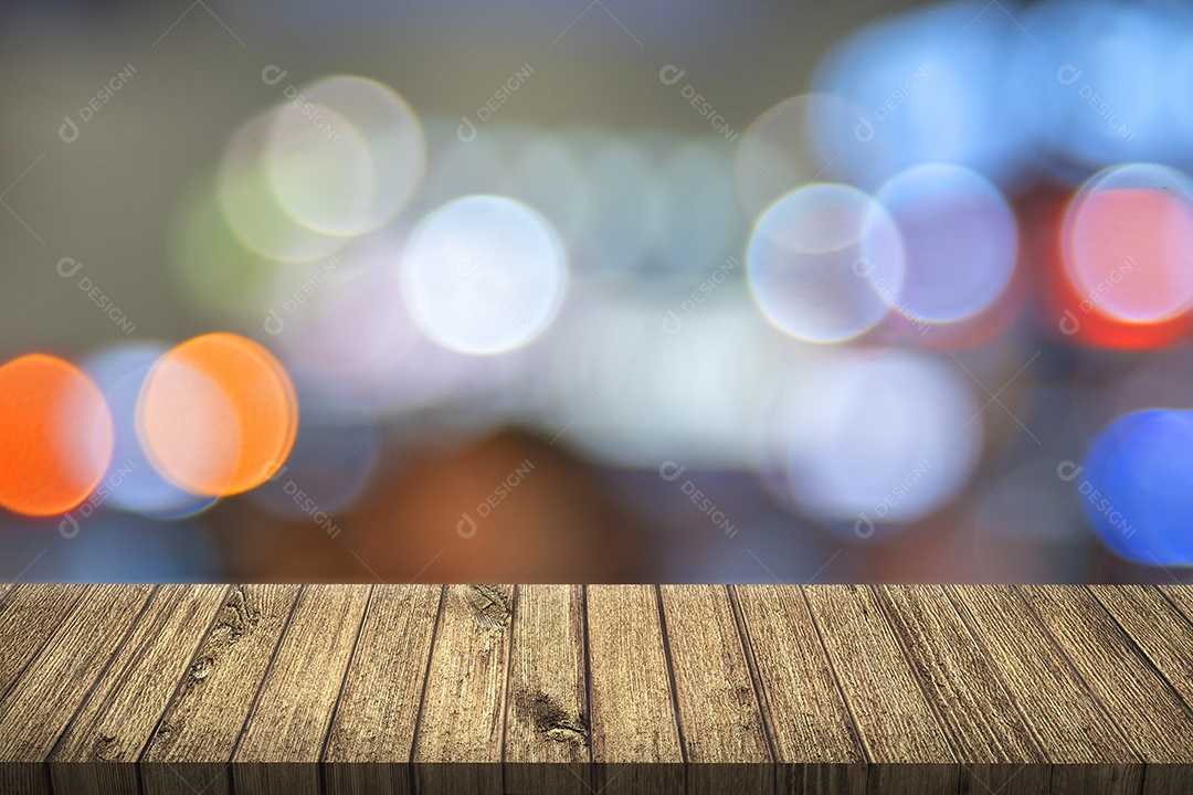 Mesa vazia com bokeh colorido. Ilustração 3D. Conceito de luz da cidade.